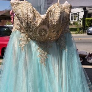 May Queen Gold Beaded Bodice Aqua Tulle Prom Dress